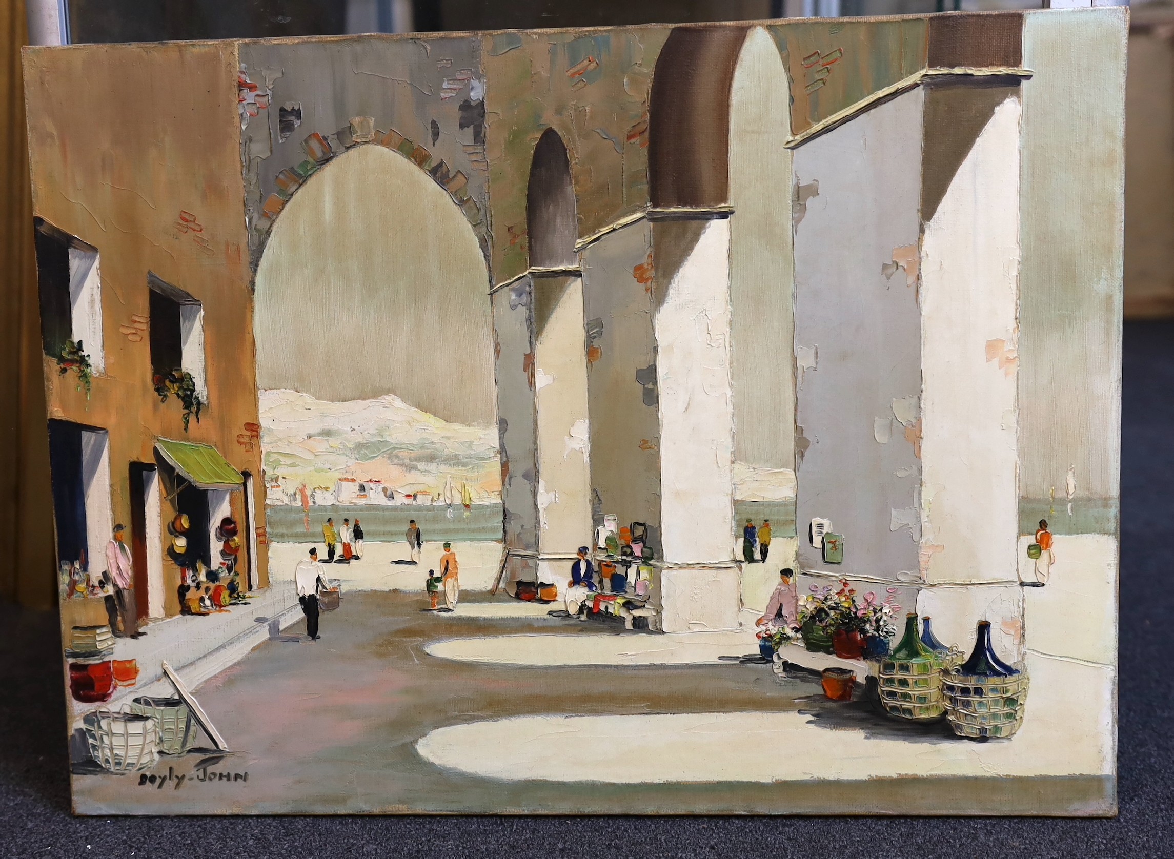 Cecil Rochfort D'Oyly-John (British, 1906-1993), Figures beneath arches, South of France, oil on canvas, 43 x 58cm, unframed